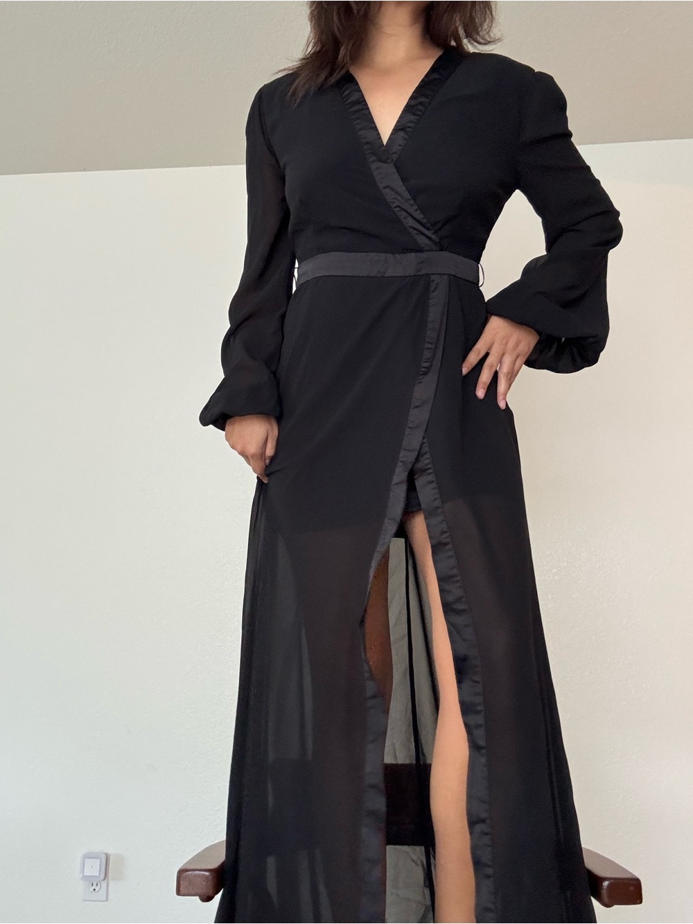 Black V-Neck Wrap Maxi Dress
